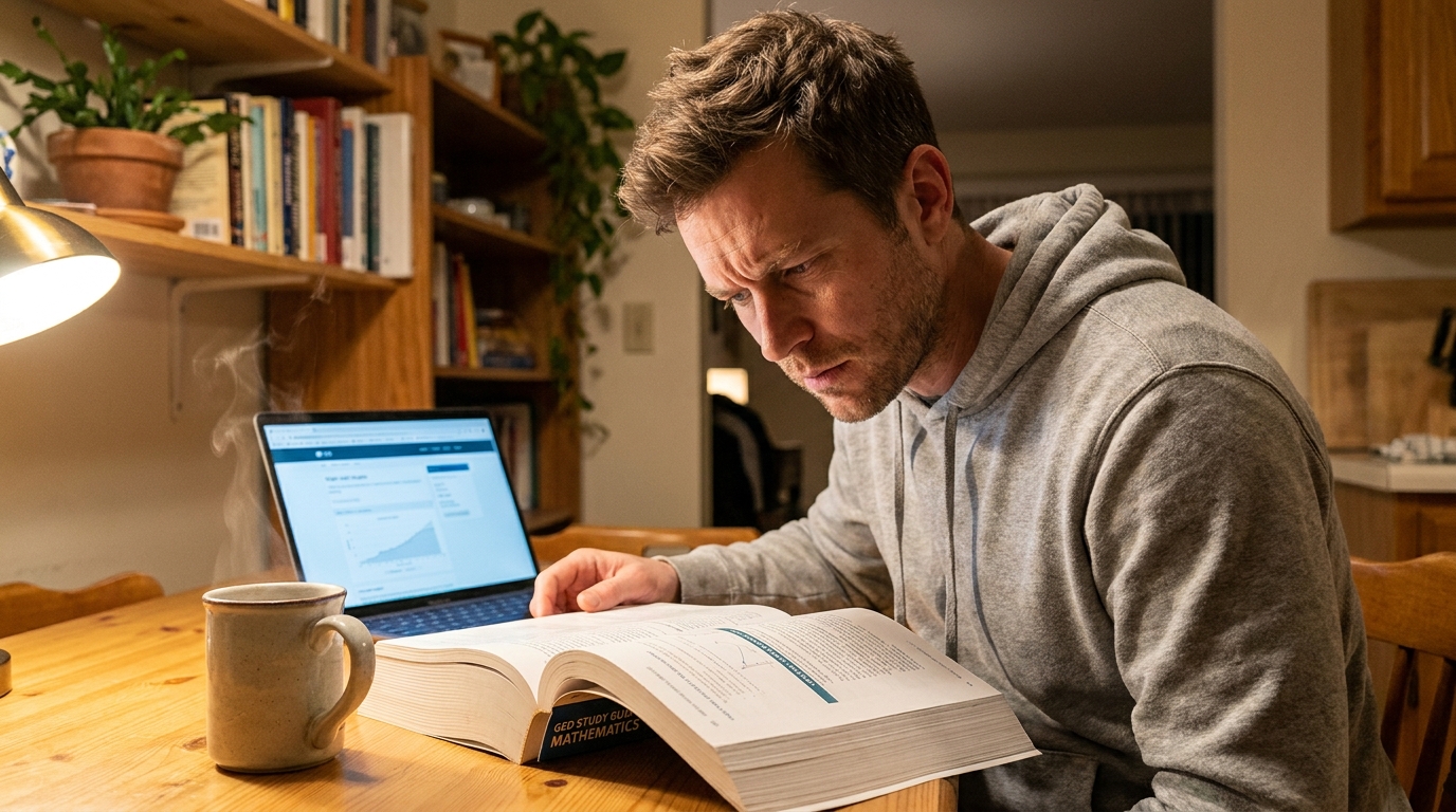 Erwachsener Lerner sitzt zu Hause am Tisch und bereitet sich mit Lehrbuch und Laptop auf eine Externenprüfung vor