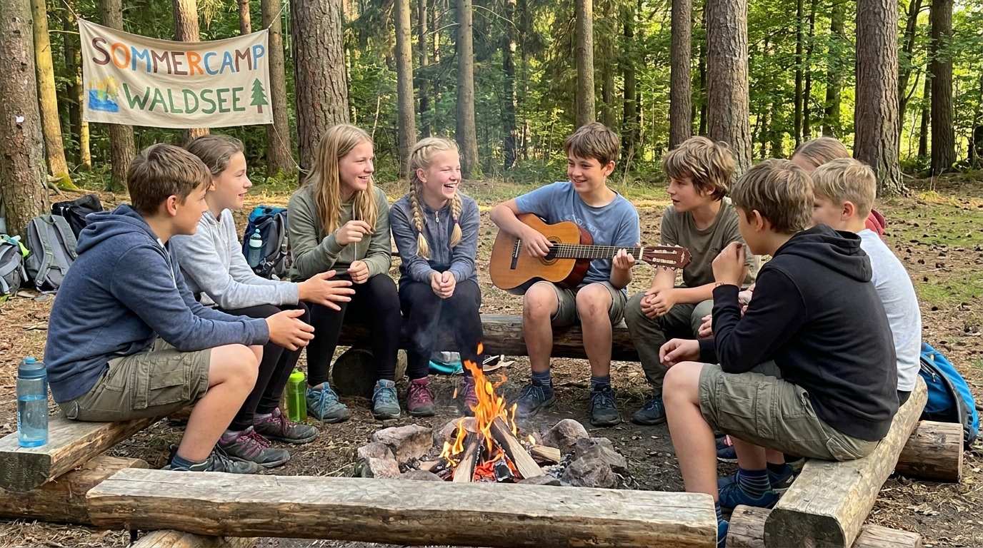 Gruppe von Kindern und Jugendlichen sitzt um ein kleines Lagerfeuer im Wald