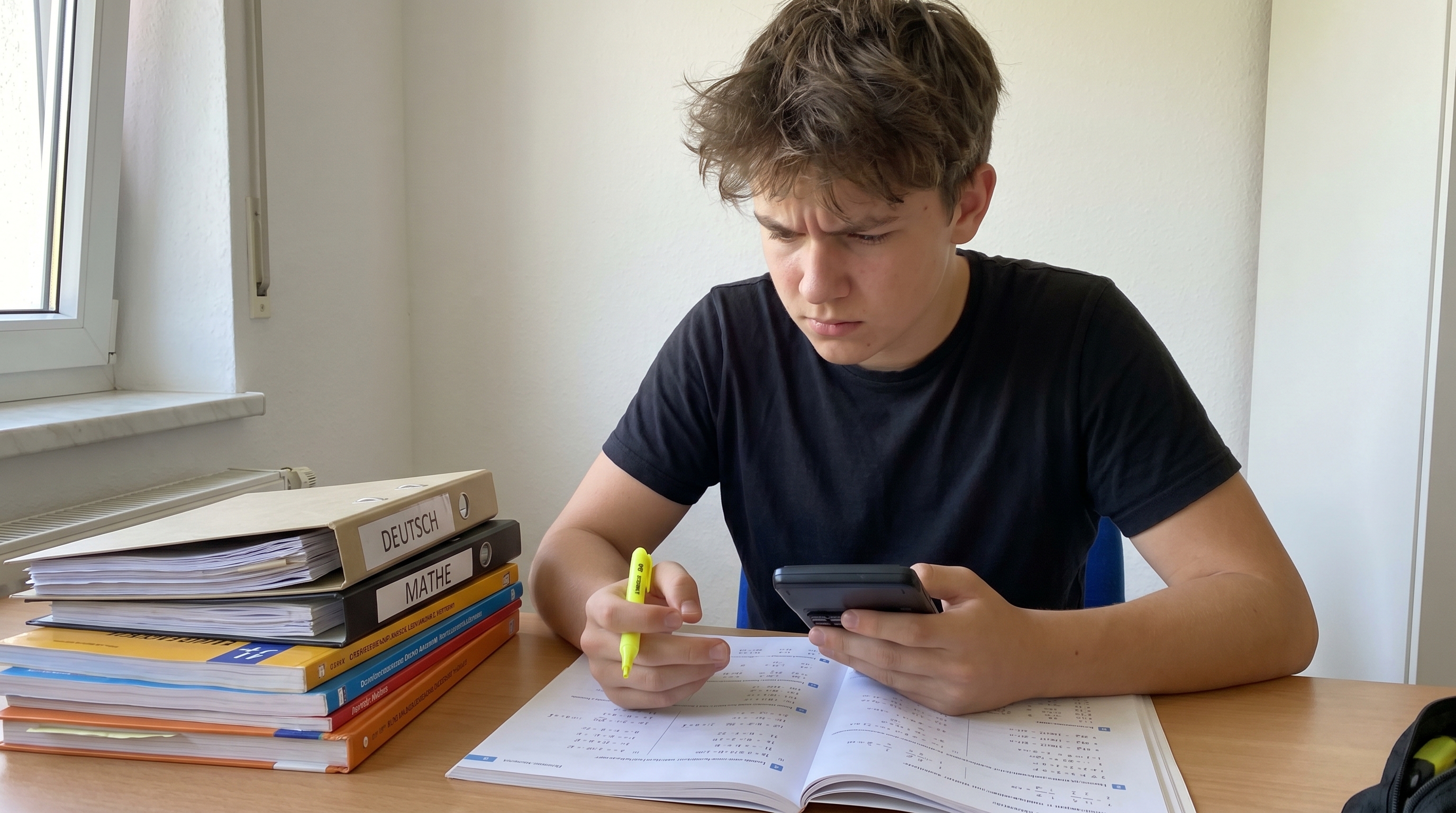 Jugendlicher sitzt konzentriert am Schreibtisch mit Lehrbüchern und Notizen für die Abschlussprüfung