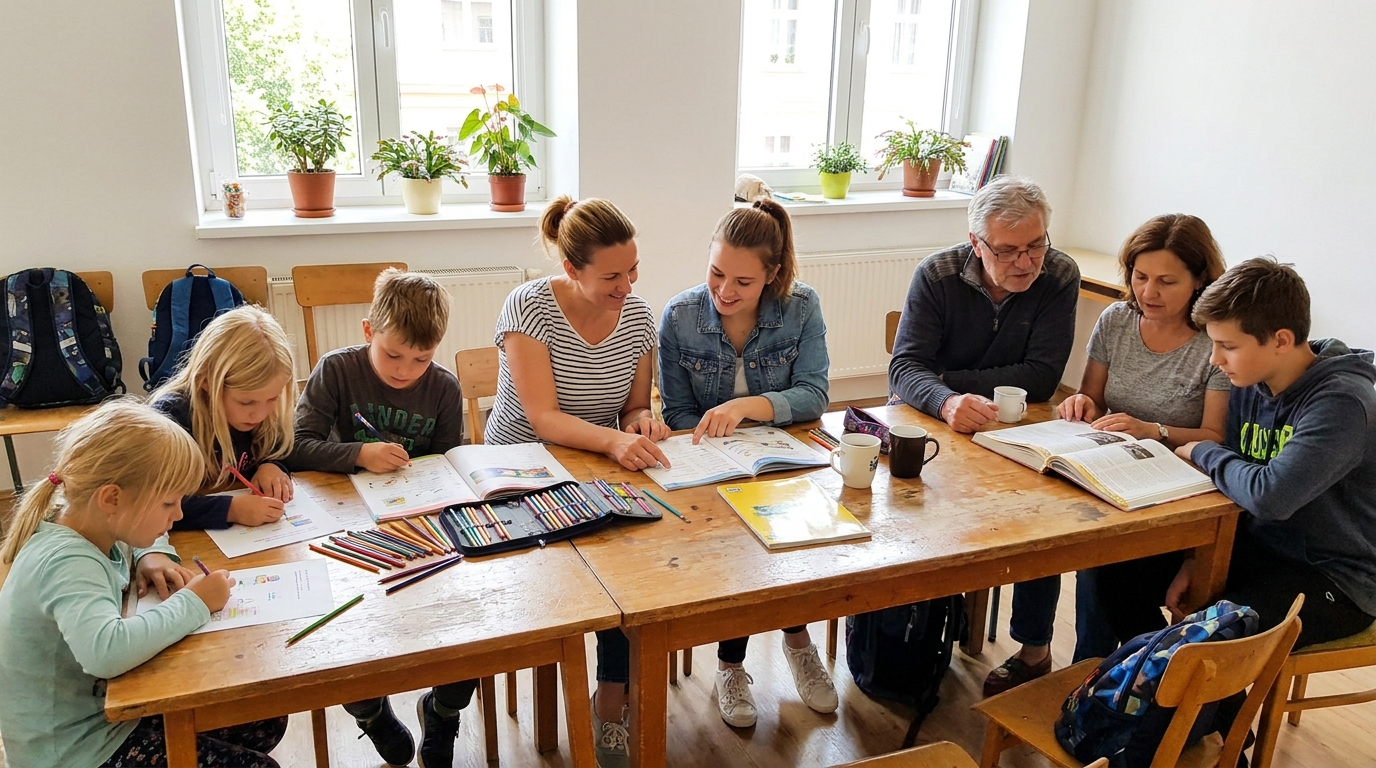 Mehrgenerationen-Lerngruppe an einem langen Holztisch – Kinder, Eltern und Fachkräfte arbeiten gemeinsam an Materialien