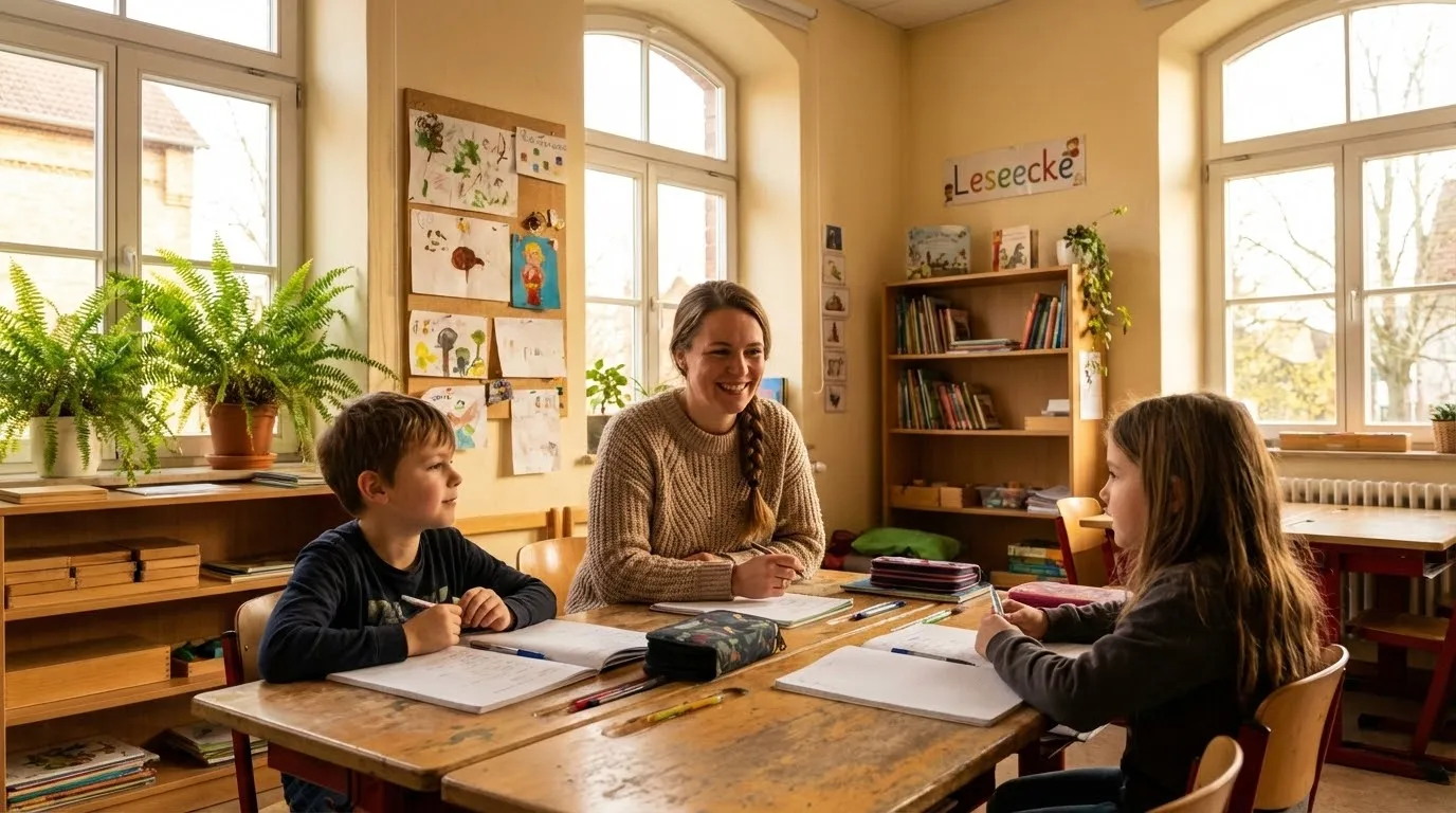 Pädagogin begleitet Kinder bei den Hausaufgaben