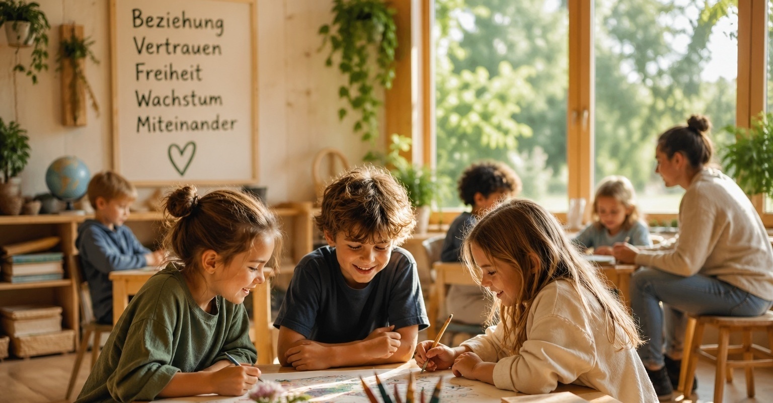 Lernende Kinder an einem Tisch in einem hellen Klassenzimmer mit Pflanzen und großen Fenstern