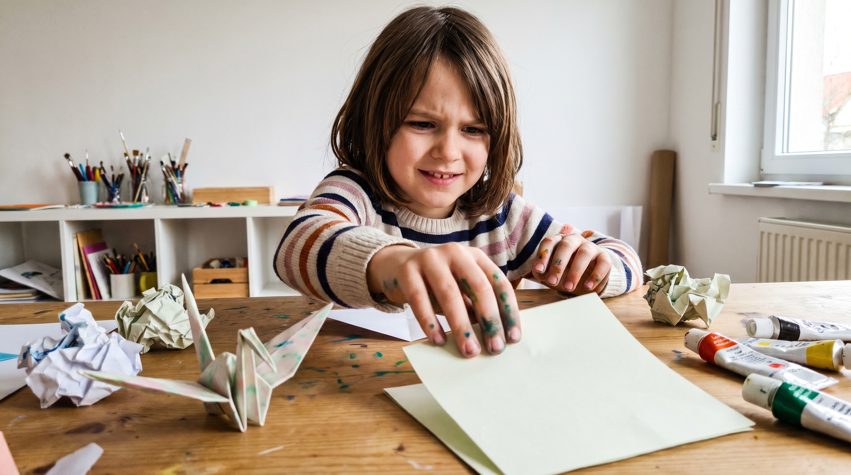 Kind mit farbverschmierten Händen greift entschlossen nach einem neuen Blatt Papier, umgeben von zerknitterten Versuchen am Basteltisch