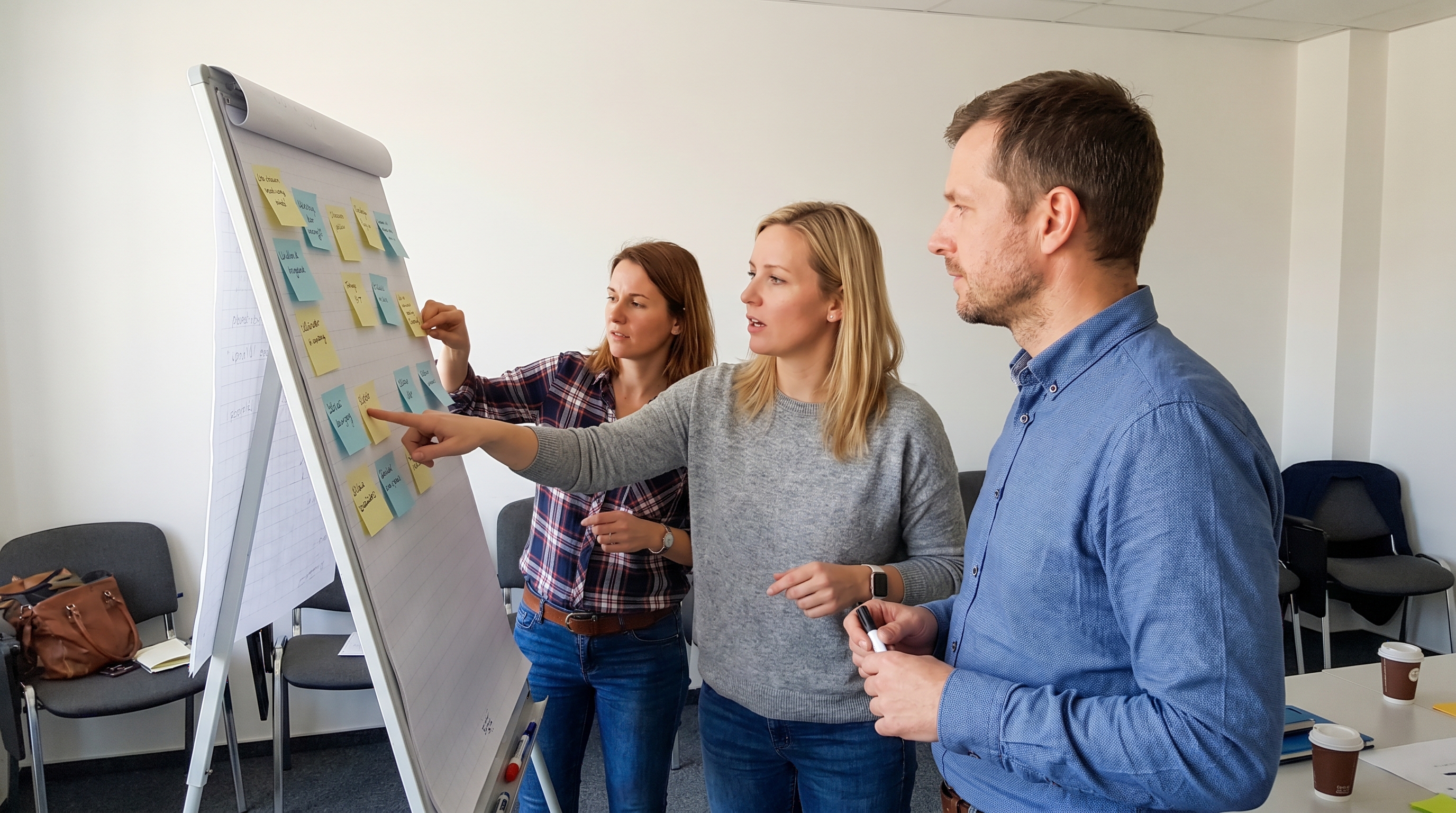 Drei Pädagog:innen reflektieren gemeinsam an einem Flipchart mit Haftnotizen
