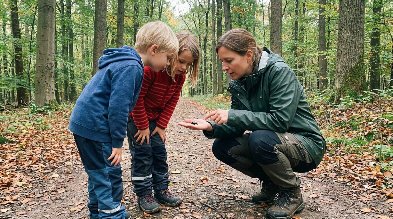 Lernbegleiterin zeigt zwei Kindern auf einem Waldweg etwas in ihrer Hand