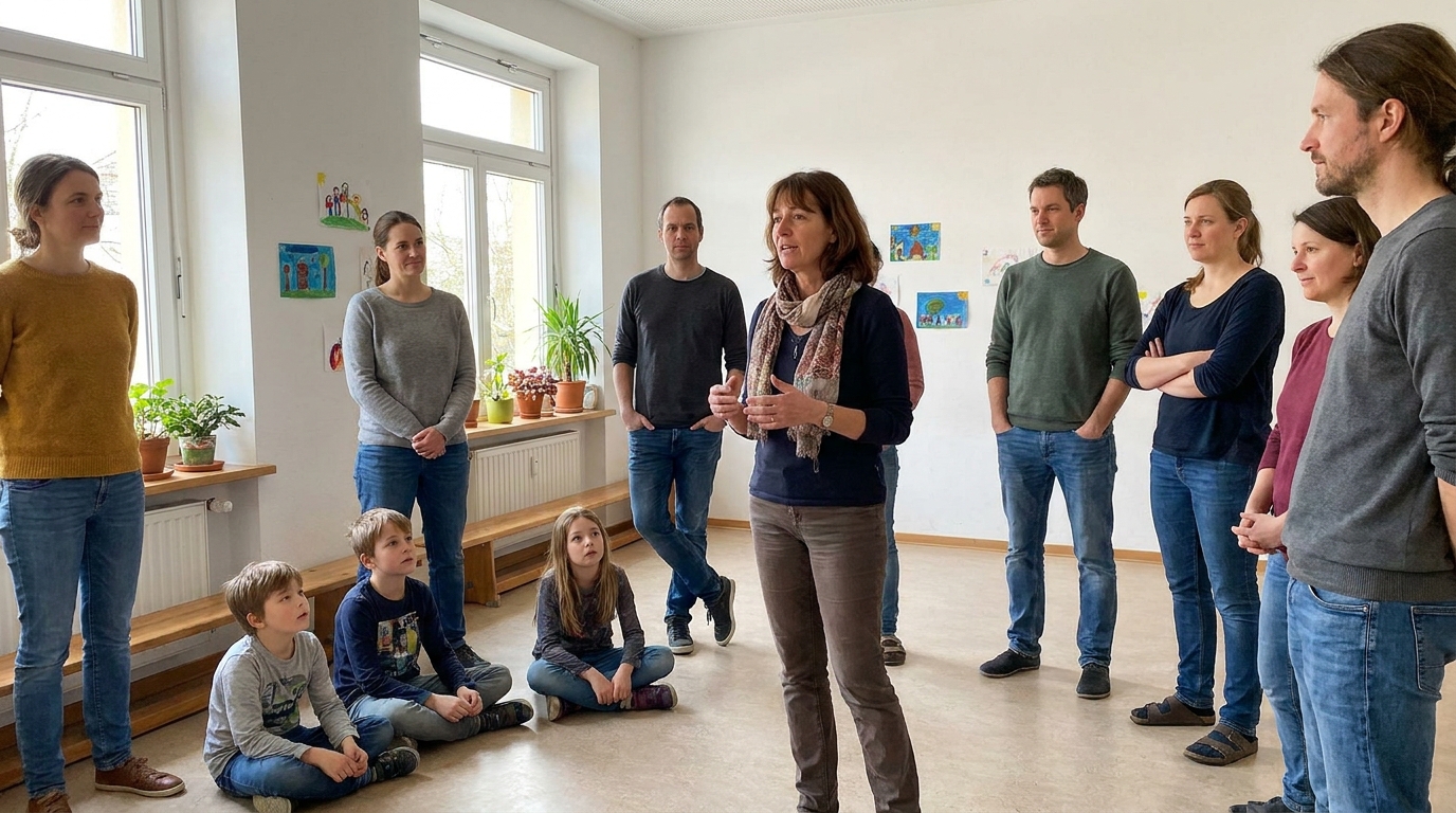 Mehrgenerationen-Versammlung im hellen Gemeinschaftsraum mit Kindern, Eltern und Pädagog:innen